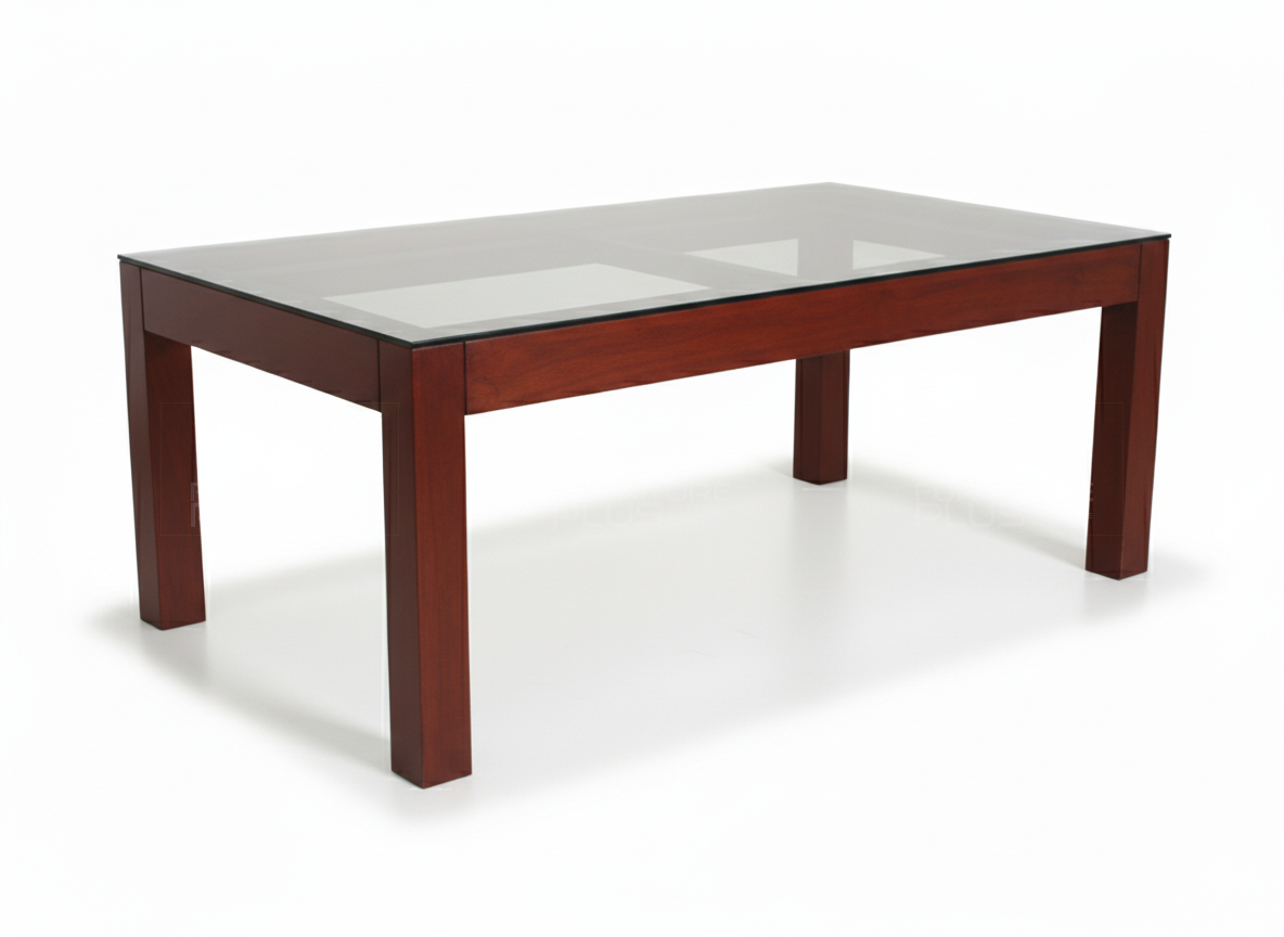 Side view of Adam GT dining table with glass top and square legs and frame made of solid Mahogany wood