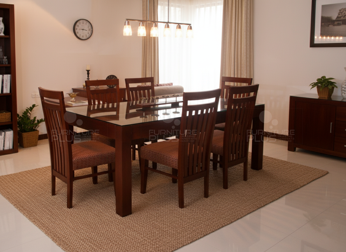 Adam GT 6 seater dining table with glass top and square legs and frame made of solid Mahogany wood in a modern dining room