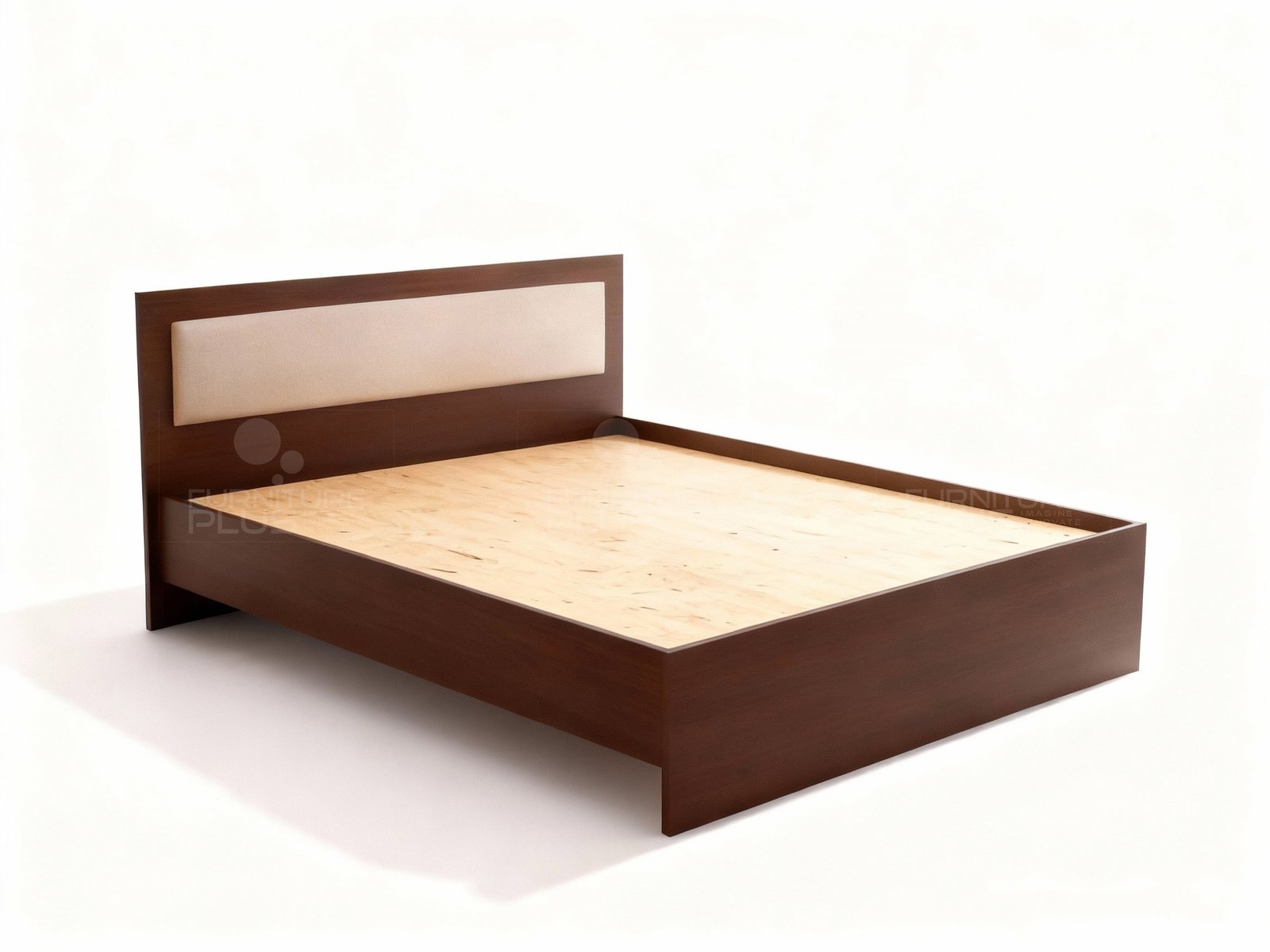 Side view of Adelaide dark brown wooden bed frame with a minimalist design and a padded, light beige headboard