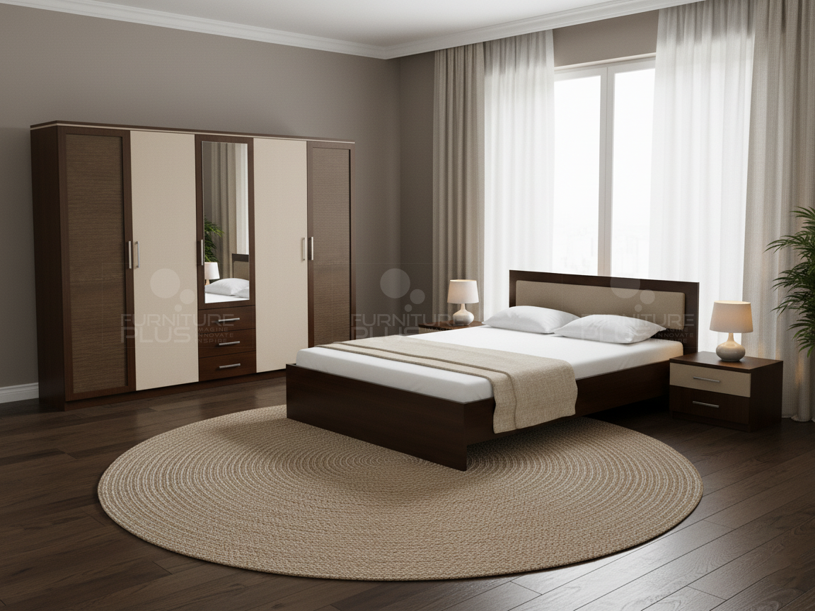 Staged bedroom with a dark wood Adelaide bed and matching wardrobe set against gray walls, featuring a woven jute rug and large window with sheer curtains