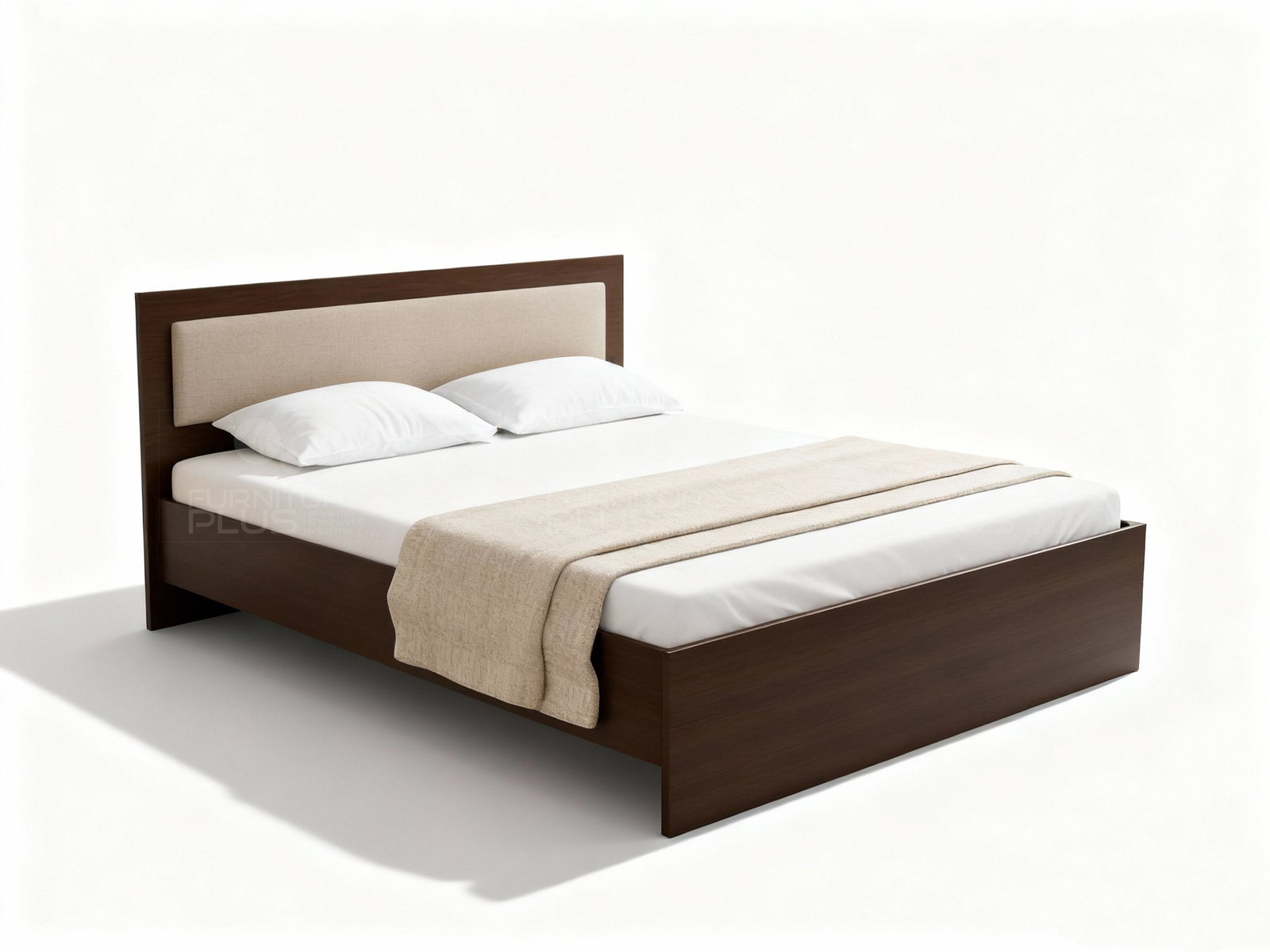 Side view of Adelaide dark brown wooden bed frame with mattress and pillows with a minimalist design and a padded, light beige headboard