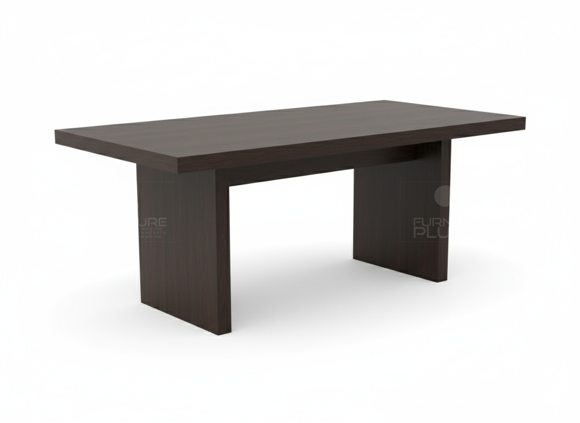 Side view of Alberto TT timber top dining table with chunky, framed side panels using solid Mahogany wood