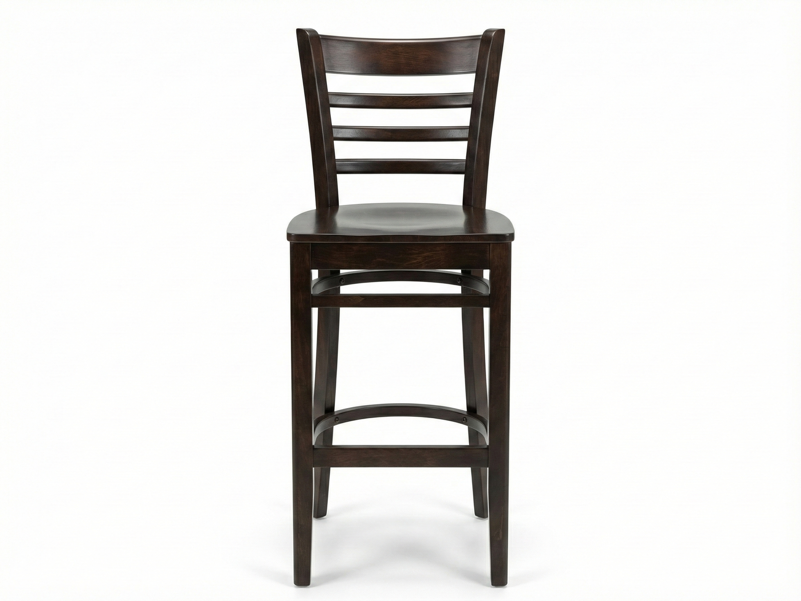 Front view of a dark-stained Mahogany wooden Alinea bar stool with a distressed finish. It has a high backrest with four horizontal slats, a slightly curved solid wood seat, and footrests connecting the four straight legs