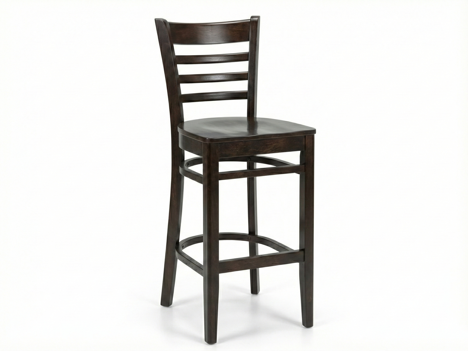 A dark-stained Mahogany wooden Alinea bar stool with a distressed finish. It has a high backrest with four horizontal slats, a slightly curved solid wood seat, and footrests connecting the four straight legs