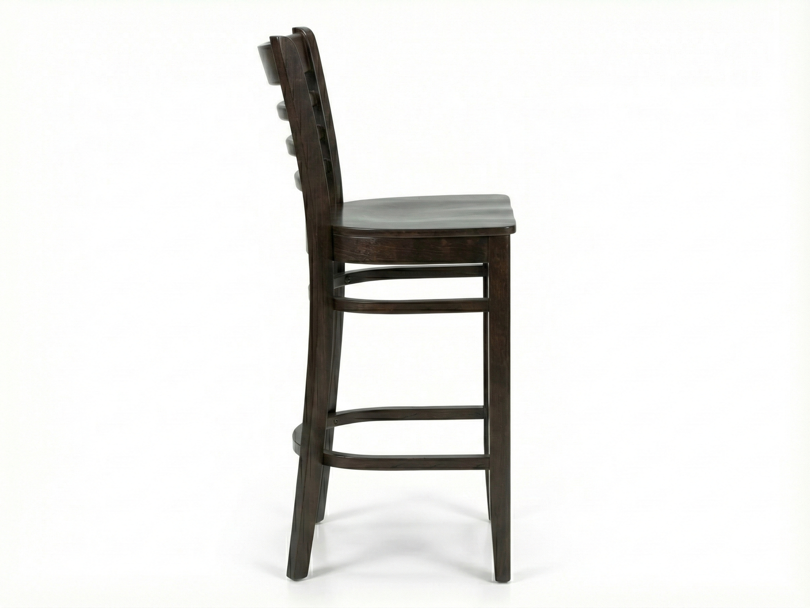 Side view of a dark-stained Mahogany wooden Alinea bar stool with a distressed finish. It has a high backrest with four horizontal slats, a slightly curved solid wood seat, and footrests connecting the four straight legs