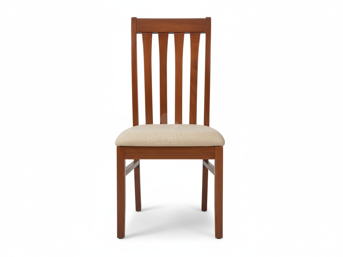 Front view of Alisa wooden dining chair with a warm brown finish. Features a high back with five vertical slats and a rectangular seat covered in textured light-colored fabric