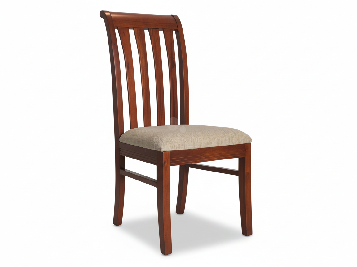 Alisa wooden dining chair with a warm brown finish. Features a high back with five vertical slats and a rectangular seat covered in textured light-colored fabric