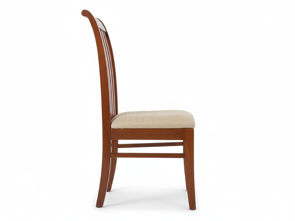 Side view of Alisa wooden dining chair with a warm brown finish. Features a high back with five vertical slats and a rectangular seat covered in textured light-colored fabric
