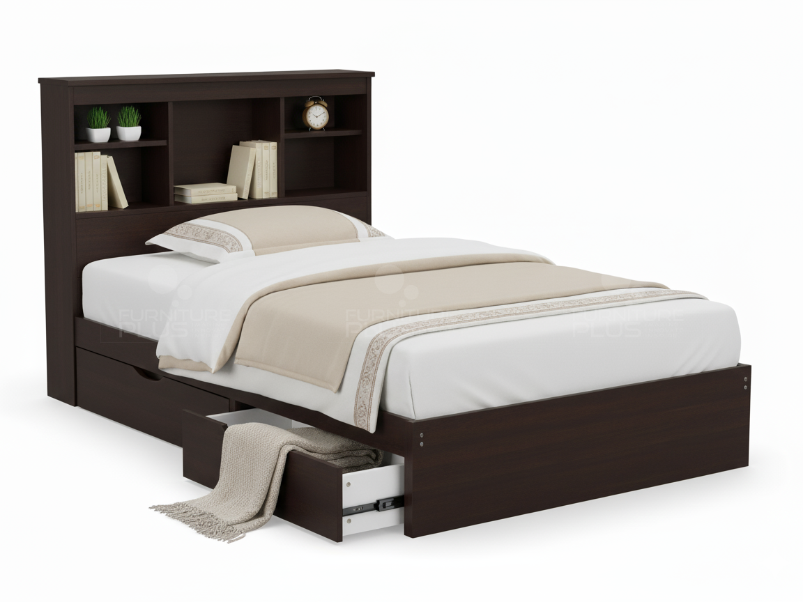 Side view of Dark brown wooden Amelia storage bed with a built-in bookshelf headboard and two under-bed storage drawers, one of which is open