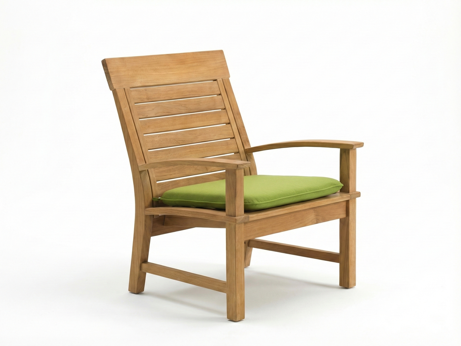 Side view of the Amelia Easy Chair, a high-backed outdoor or casual chair made of light-colored, natural Mahogany wood. The backrest features horizontal slats with a solid top rail, and the chair has curved, open armrests. A bright, square lime-green cushion rests on the seat. The chair is photographed against a plain white background