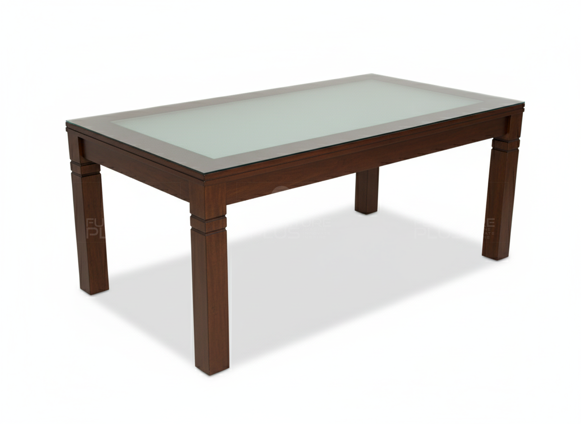 Side view of Andrew GT dining table with glass top and chunky square legs and frame made of solid Mahogany wood