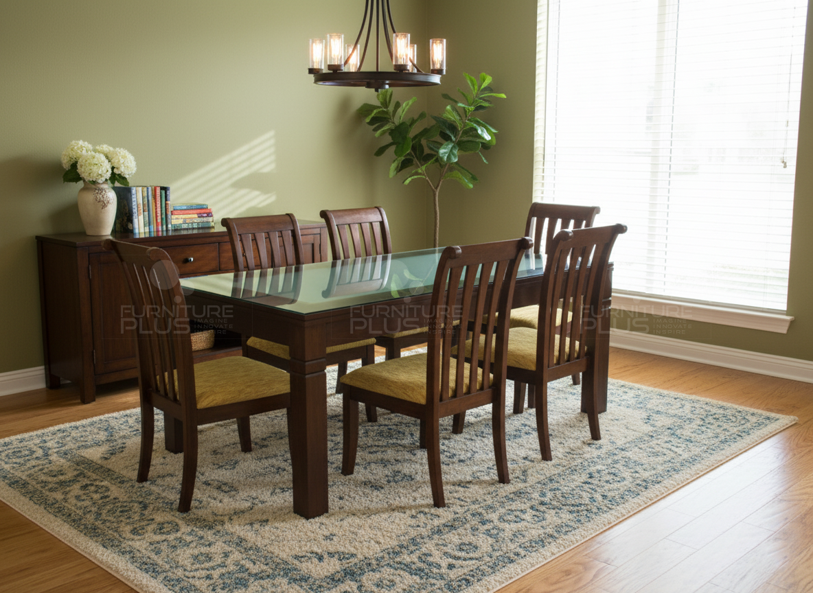 Andrew GT six seater dining table with glass top and chunky square legs and frame made of solid Mahogany wood with 6 dining chairs in a dining room