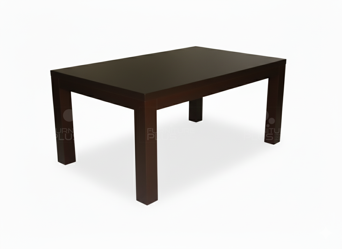 Side view of Andrew S1 dining table with solid top joined to chunky, square and clean lined legs