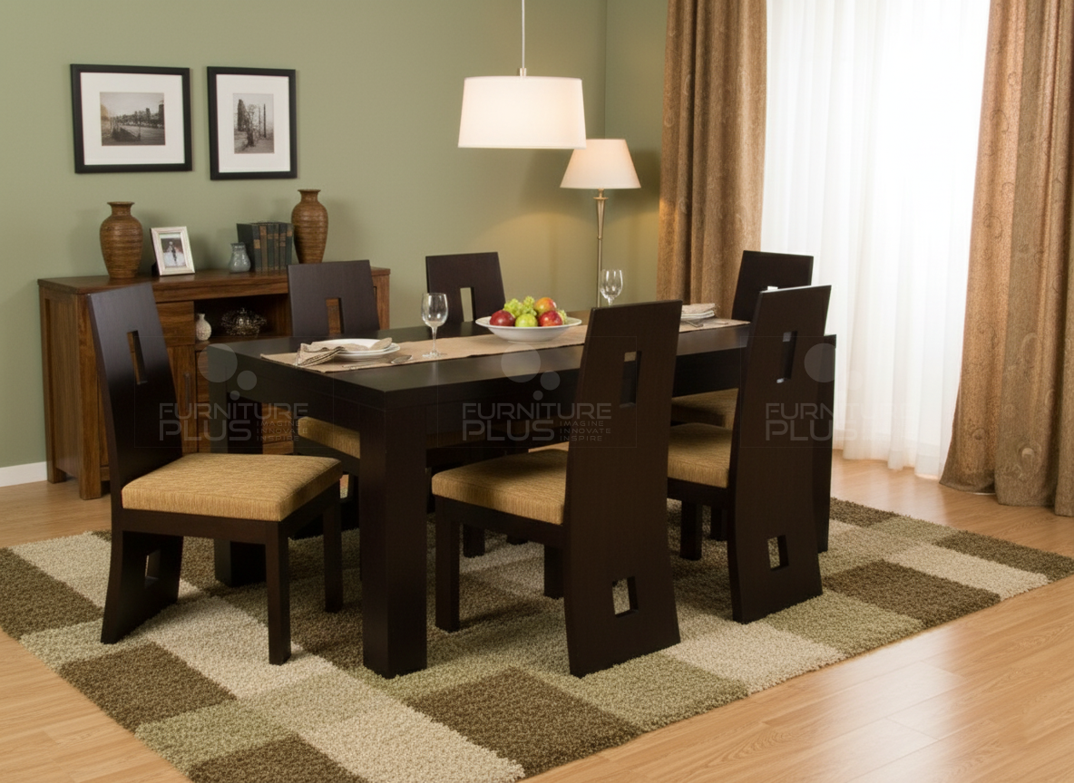Andrew S1 6 seater dining table with solid top joined to chunky, square and clean lined legs with 6 dining chairs in a modern dining room