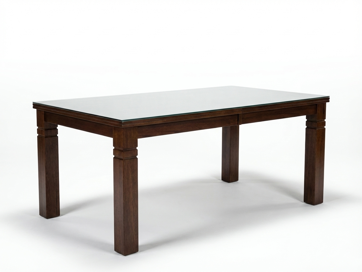 Side view of Angelo glass top dining table with solid timber frame and legs with grooves made of Mahogany wood