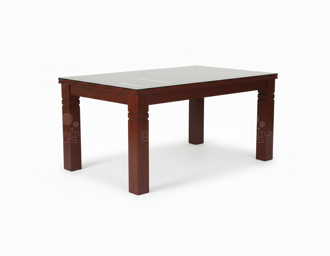 Side view of Angelo glass top dining table with solid timber frame and legs with grooves made of Mahogany wood
