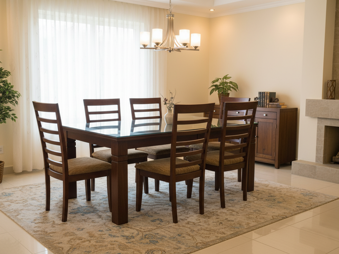 Angelo six seater glass top dining table with solid timber frame and legs with grooves made of Mahogany wood with 6 chairs in a modern dining room