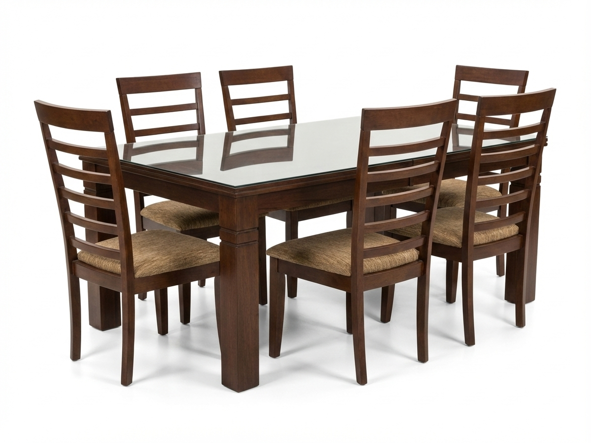 Side view of Angelo glass top dining table with solid timber frame and legs with grooves made of Mahogany wood with 6 Grace Chairs