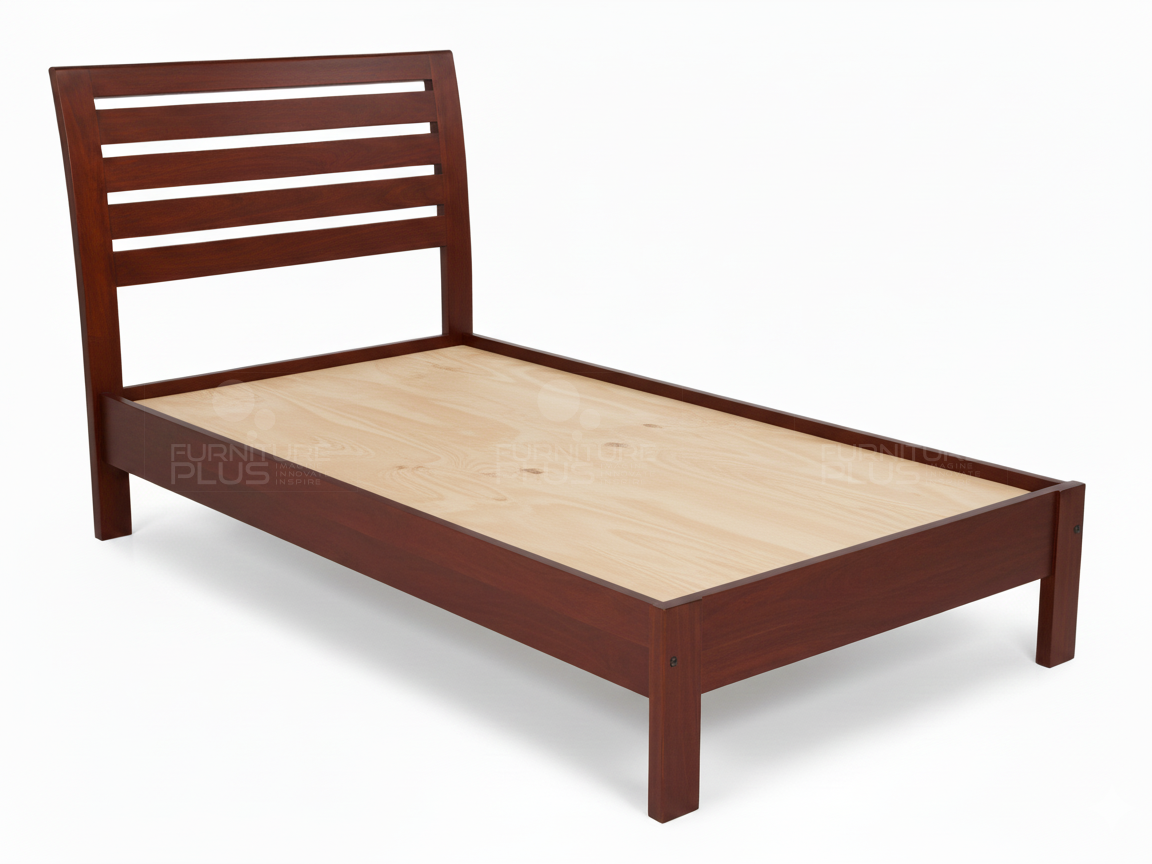 Side view of Mahogany wood twin or single Anne bed frame with a slatted, mission-style headboard and a platform base