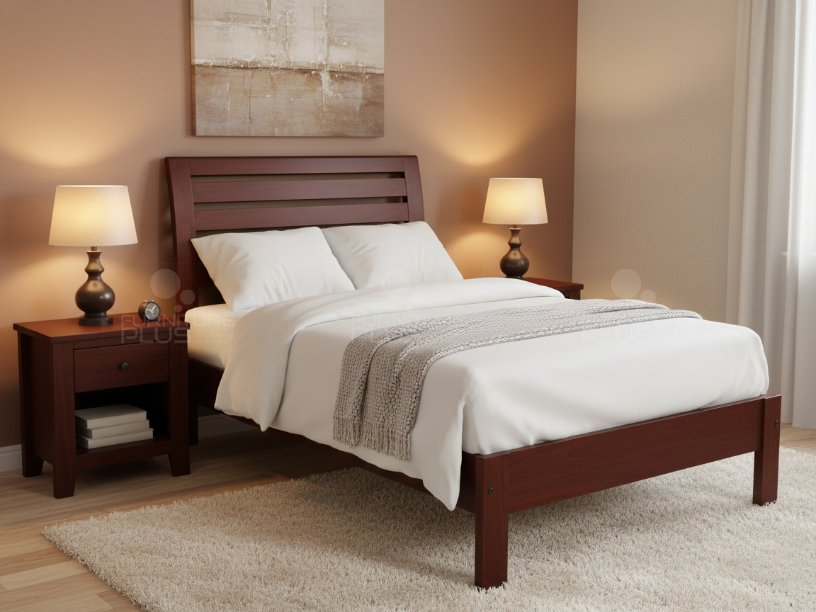 Staged bedroom featuring a Mahogany wood single Anne bed with a slatted headboard, matching nightstand, soft sage green walls, and a patterned neutral rug