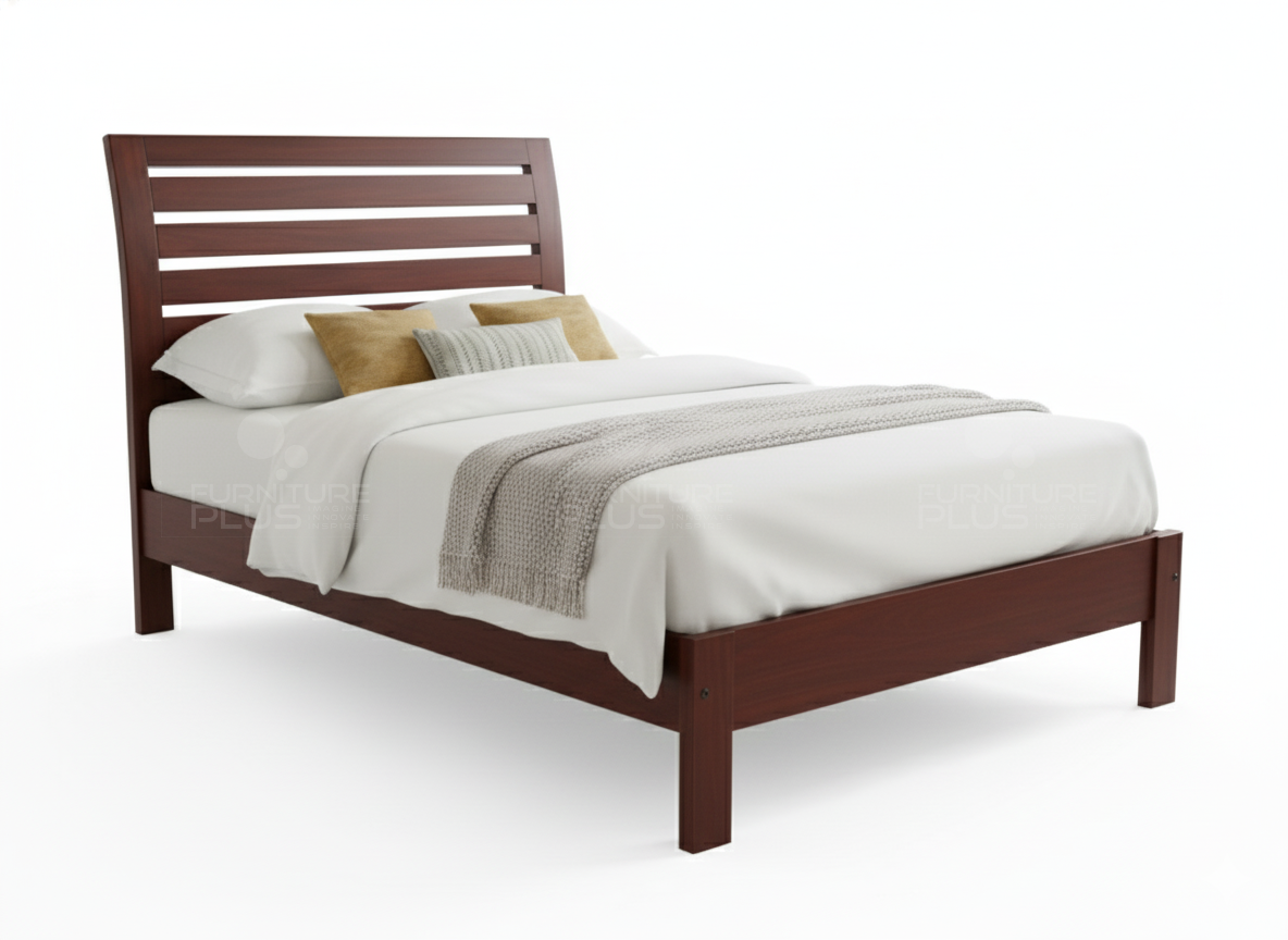 Side view of Mahogany wood twin or single Anne bed frame with a slatted, mission-style headboard and a platform base with mattress