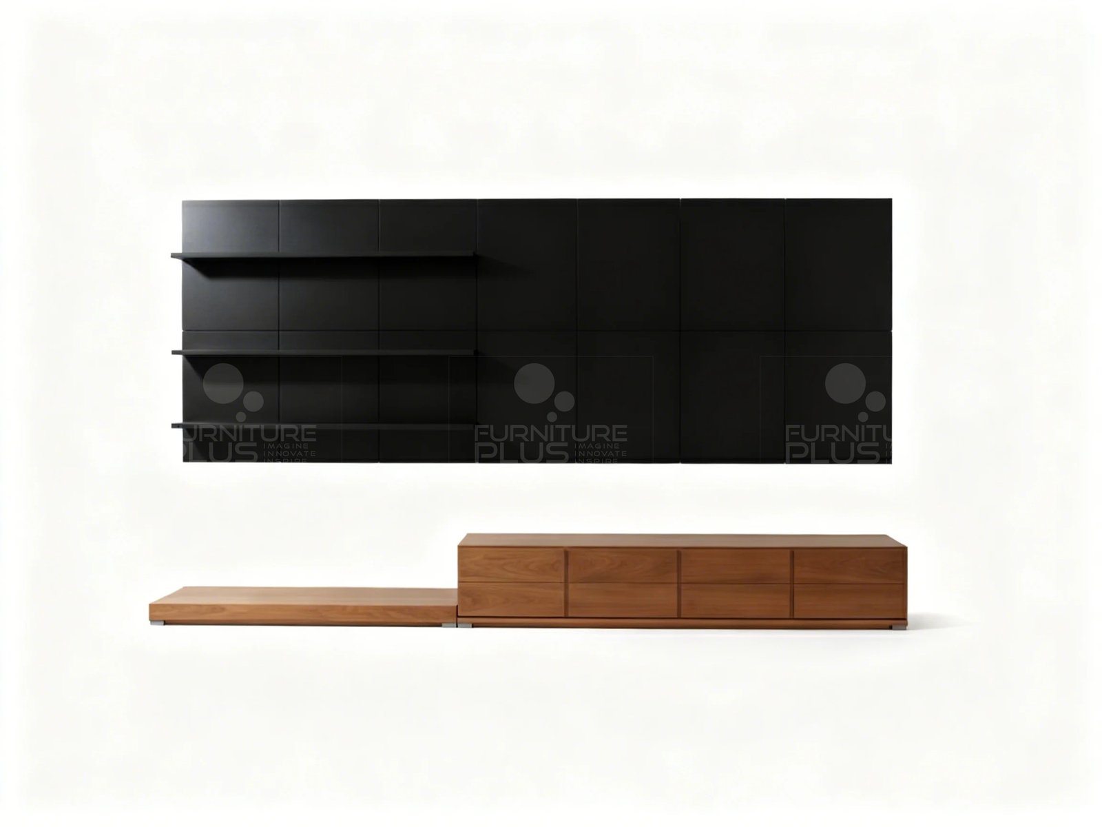 Front view of a modern floating Aries media unit featuring a wide, low TV console with four wood drawers and an attached, lower extension shelf in natural wood tone. Above it is a wall-mounted rectangular accent panel made of dark, matte black squares, fitted with three minimalist black horizontal shelves