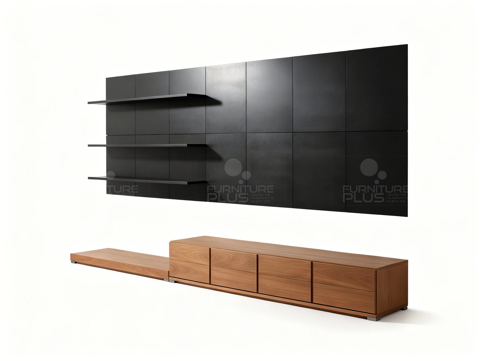 Side view of a modern floating Aries media unit featuring a wide, low TV console with four wood drawers and an attached, lower extension shelf in natural wood tone. Above it is a wall-mounted rectangular accent panel made of dark, matte black squares, fitted with three minimalist black horizontal shelves