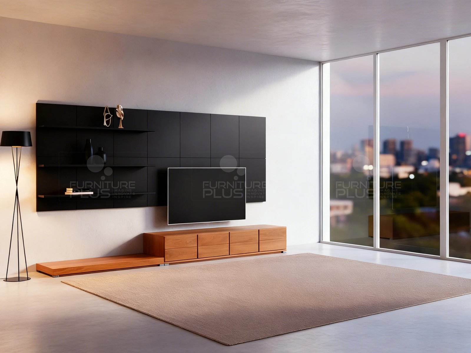 A contemporary living space featuring a large modular Aries TV console unit. The unit consists of a low, wide wooden console with four drawers and an extended shelf, positioned below a large black wall panel with three floating black shelves for decorative items