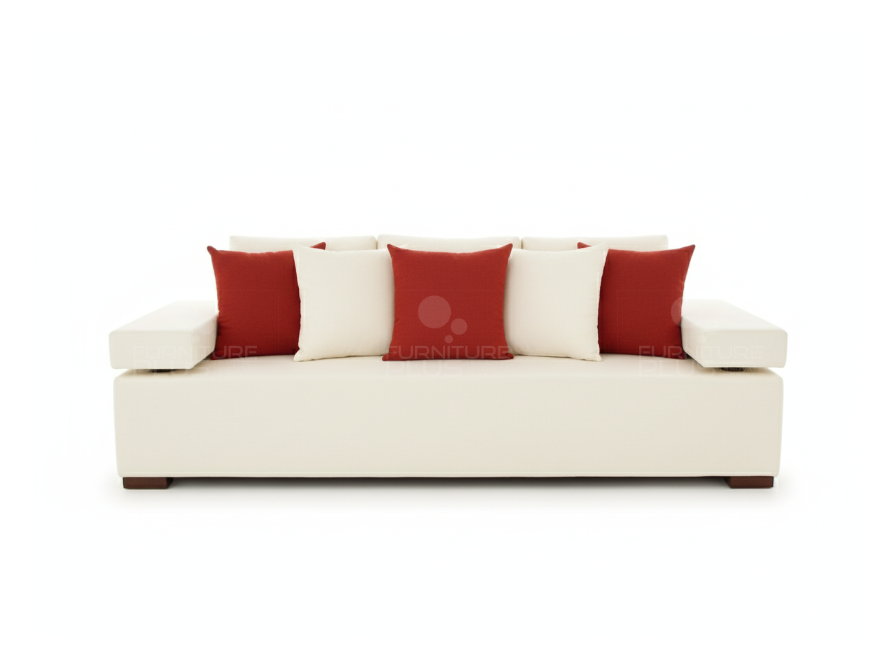 Front view of Armstrong white fully upholstered three seater sofa with 10" wide arms and fitted seat cushion four white and red throw pillows