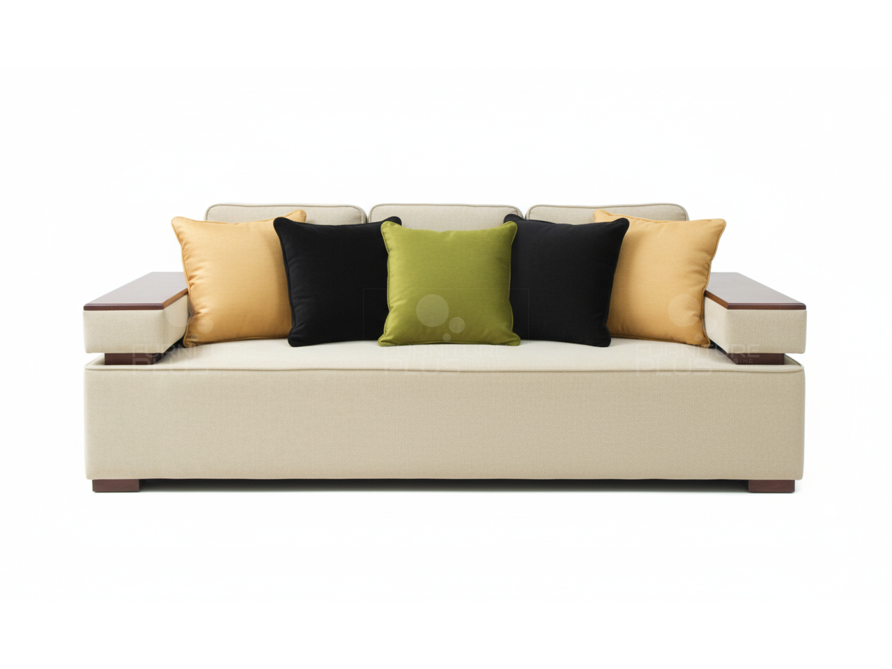 Front view of Armstrong TP fully upholstered beige three seater sofa with coding and 10" wide arms and fitted seat cushion and four throw pillows