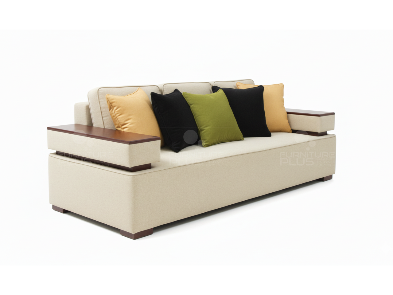 Side view of Armstrong TP fully upholstered beige three seater sofa with coding and 10" wide arms and fitted seat cushion and four throw pillows