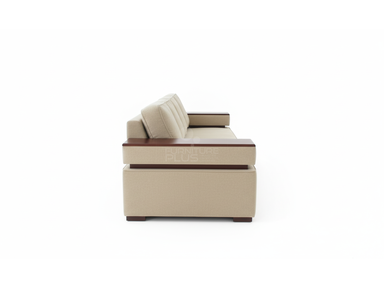 Side view of Armstrong TP fully upholstered beige three seater sofa with coding and 10" wide arms and fitted seat cushion and four throw pillows