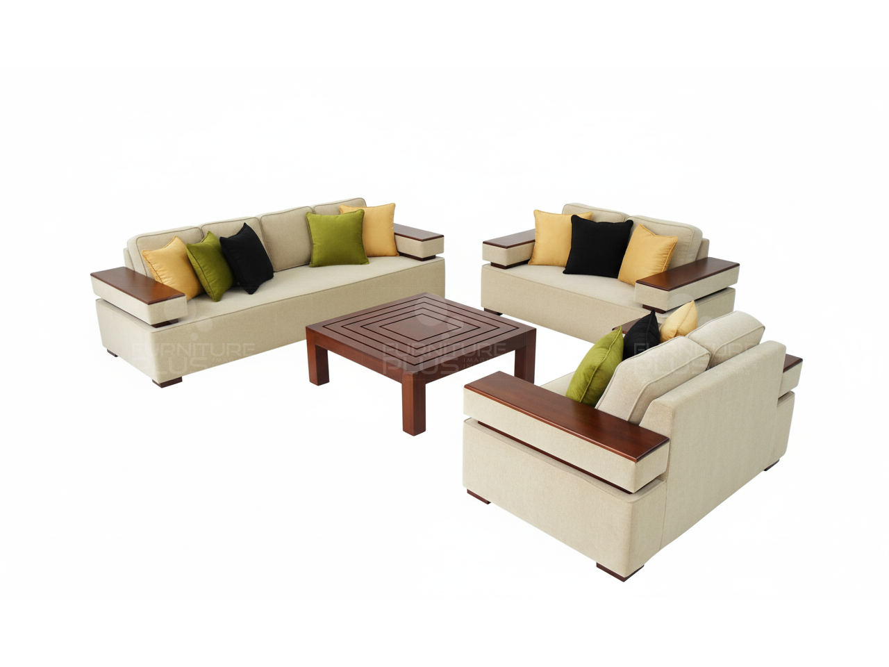 Armstrong TP fully TP upholstered beige 4+2+2 sofa set with coding and 10" wide arms with timber plates and square coffee table