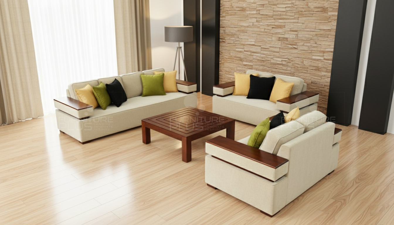 Armstrong TP fully upholstered beige 4+2+2 sofa set with coding and 10" wide arms with timber plates on arms and square coffee table in a modern living room