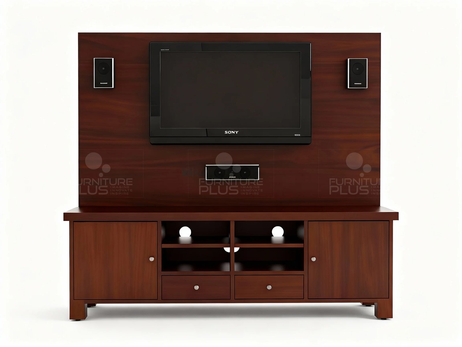 Front view of A classic, large Avatar multimedia unit made of rich mahogany wood. The TV stand features two cabinets, an open central shelf section with cubbies, and two small drawers. A large wooden wall panel rises from the back of the console, with a flat-screen television can be mounted centrally