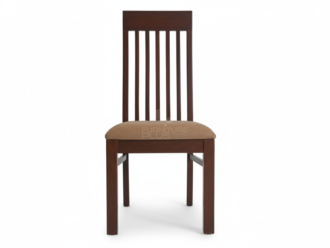 Front view of Bella wooden dining chair with a tall, straight back containing six vertical slats. The frame is a deep brown color, and the seat is upholstered in a solid, medium-brown fabric