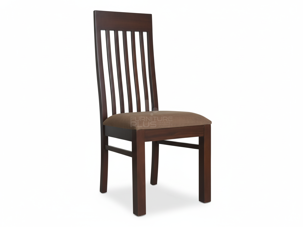 Bella wooden dining chair with a tall, straight back containing six vertical slats. The frame is a deep brown color, and the seat is upholstered in a solid, medium-brown fabric