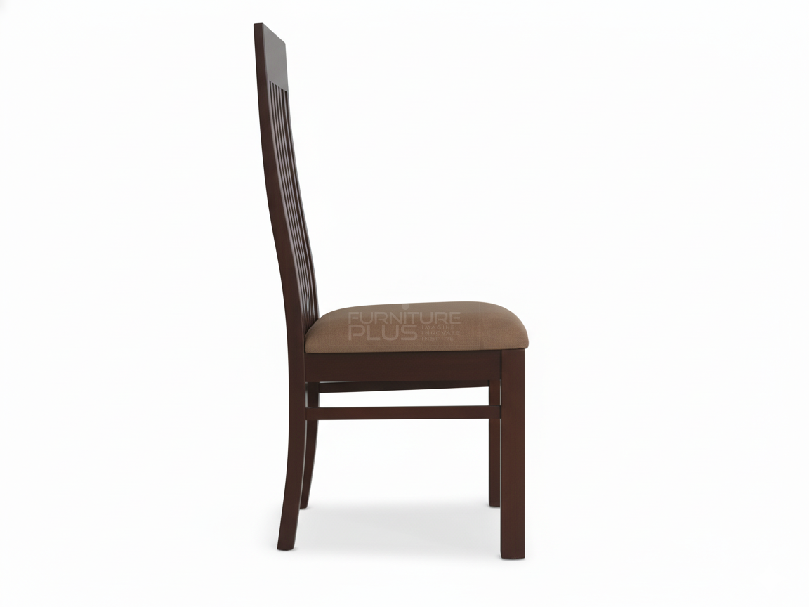 Side view of Bella wooden dining chair with a tall, straight back containing six vertical slats. The frame is a deep brown color, and the seat is upholstered in a solid, medium-brown fabric