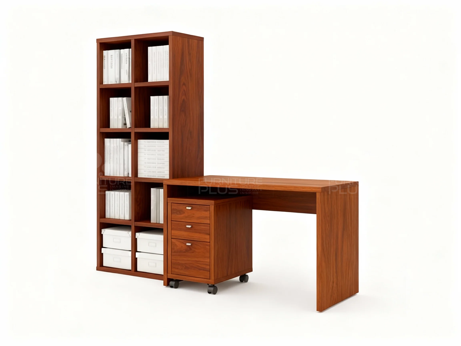 Side view of a large, integrated Bellamy study unit with a dark mahogany wood finish. It features a long rectangular desk surface attached to a tall, vertical bookcase with multiple square cubbies filled with books and storage boxes. A three-drawer rolling pedestal sits under the desk surface