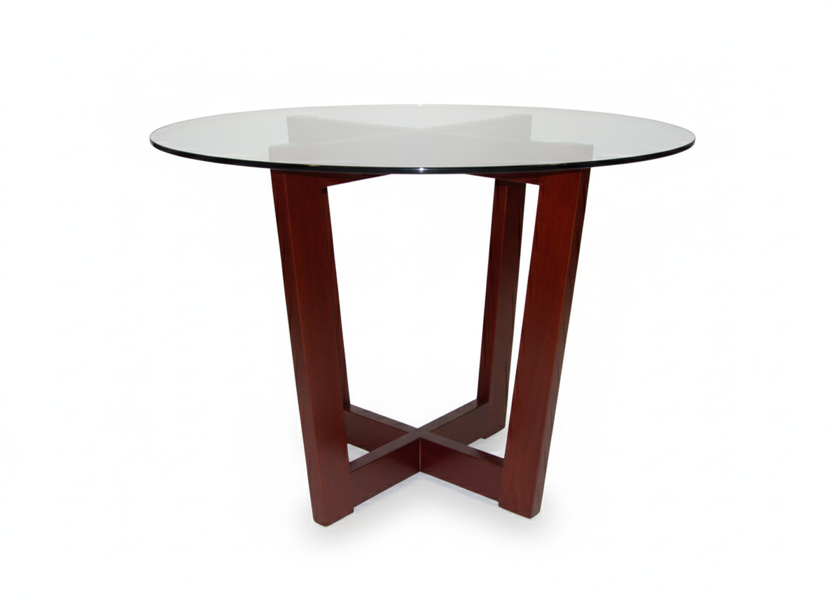 Side View of Ben Circular GT dining table with circular glass top and solid Mahogany wood base