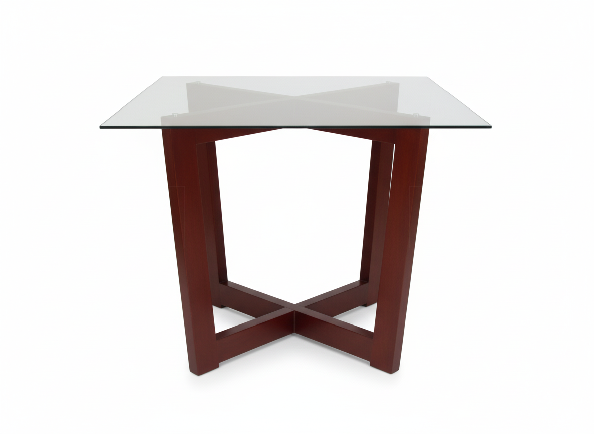 Side View of Ben Square GT dining table with square glass top and solid Mahogany wood base
