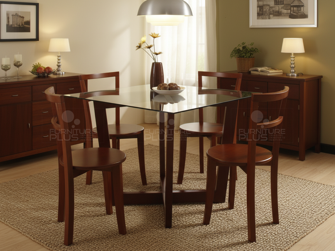 Ben Square GT four seater dining table with square glass top and solid Mahogany wood base with 4 chairs in a modern dining room