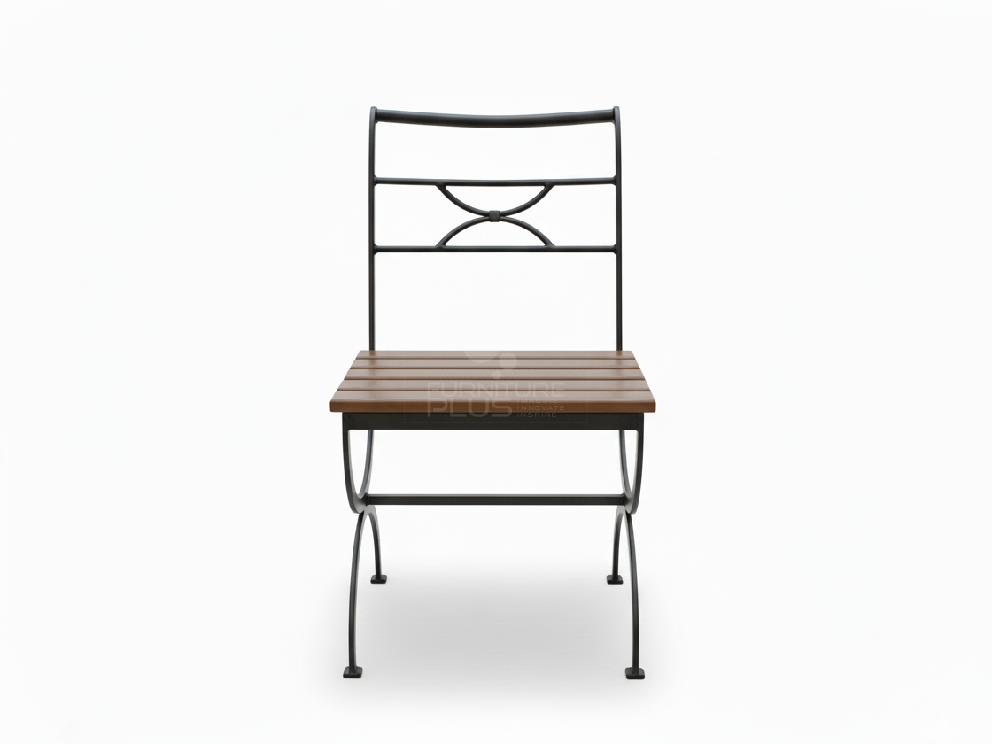 Front view of Beth patio or dining chair featuring a black curved metal frame, X-shaped supports, a slatted light brown wooden seat, and a horizontal backrest with a decorative double-crescent motif