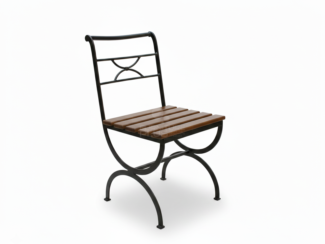 Beth patio or dining chair featuring a black curved metal frame, X-shaped supports, a slatted light brown wooden seat, and a horizontal backrest with a decorative double-crescent motif
