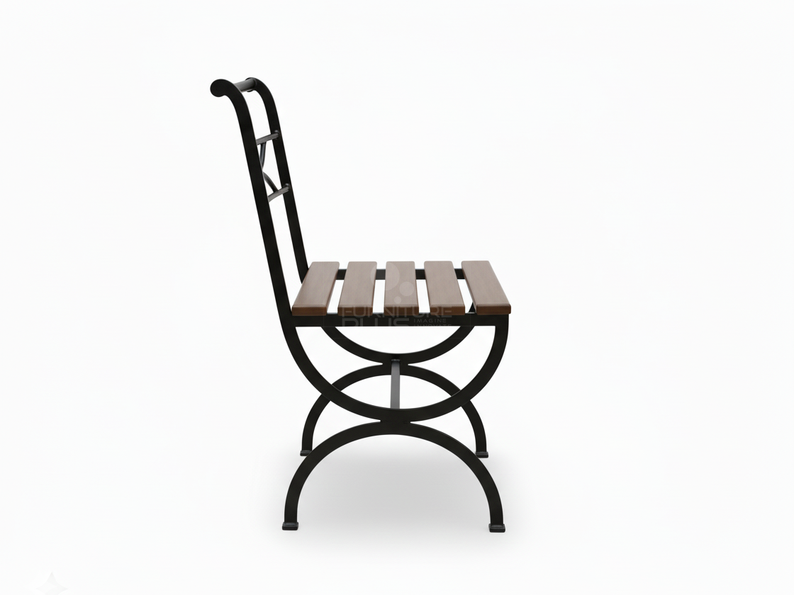 Side view of Beth patio or dining chair featuring a black curved metal frame, X-shaped supports, a slatted light brown wooden seat, and a horizontal backrest with a decorative double-crescent motif