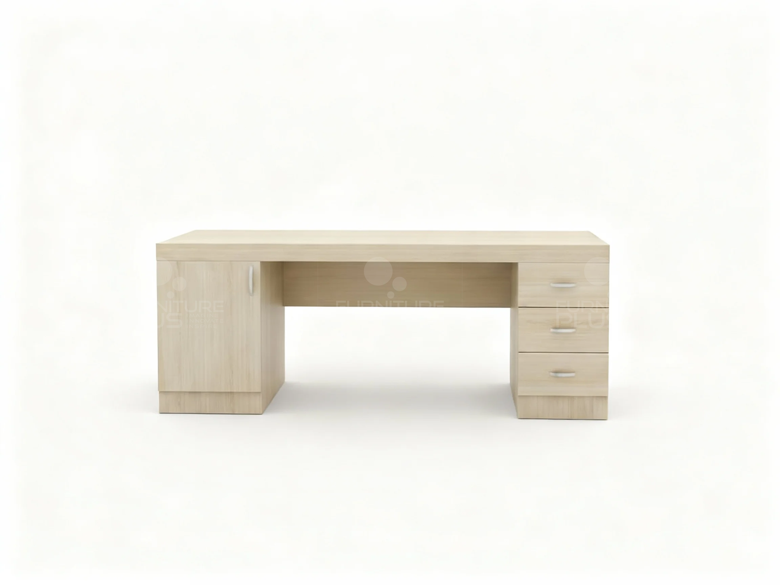 Front view of a wide, simple Bettina study desk made of Mahogany wood in white-wash finish. The desk features a locking cabinet on the left side and a three-drawer pedestal with silver metal handles on the right, providing a central knee space