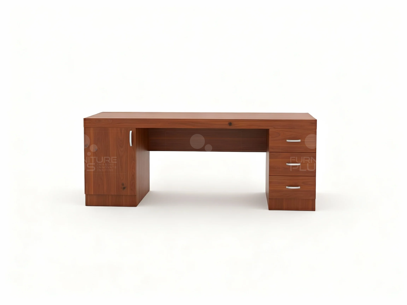 Front view of a wide, simple Bettina study desk made of Mahogany wood. The desk features a locking cabinet on the left side and a three-drawer pedestal with silver metal handles on the right, providing a central knee space