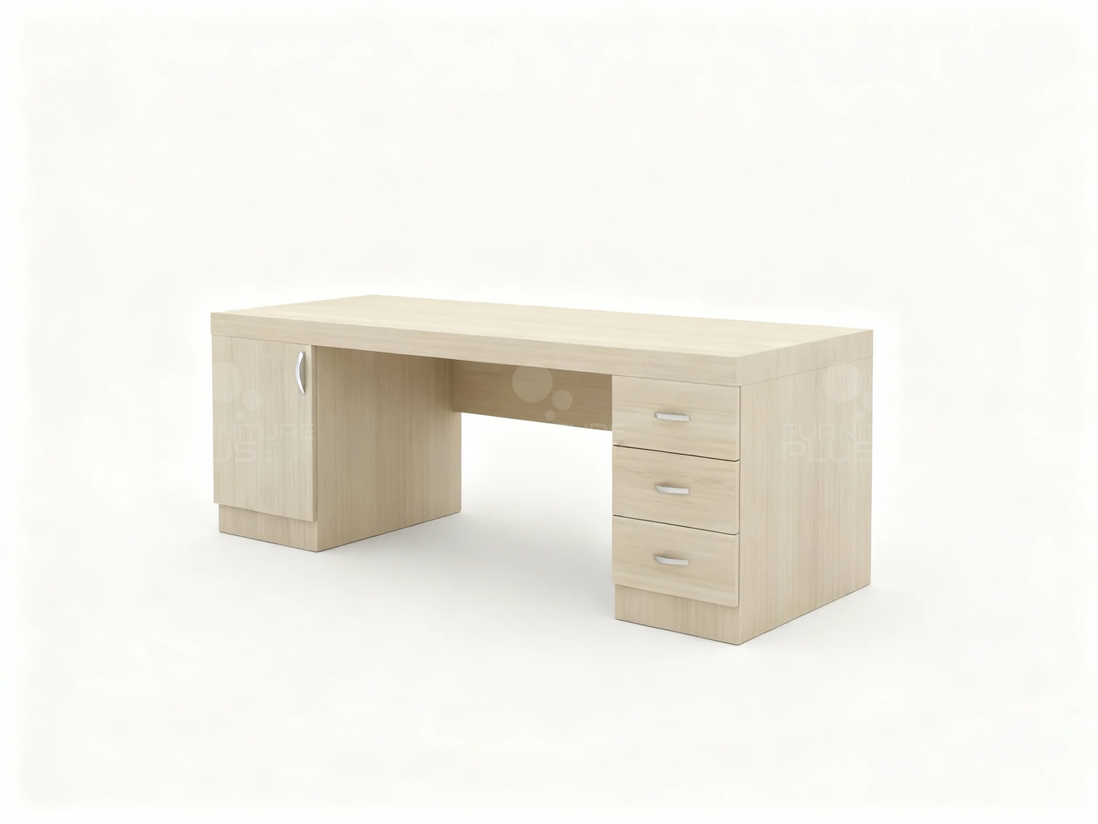 Side view of a wide, simple Bettina study desk made of Mahogany wood in white-wash finish. The desk features a locking cabinet on the left side and a three-drawer pedestal with silver metal handles on the right, providing a central knee space