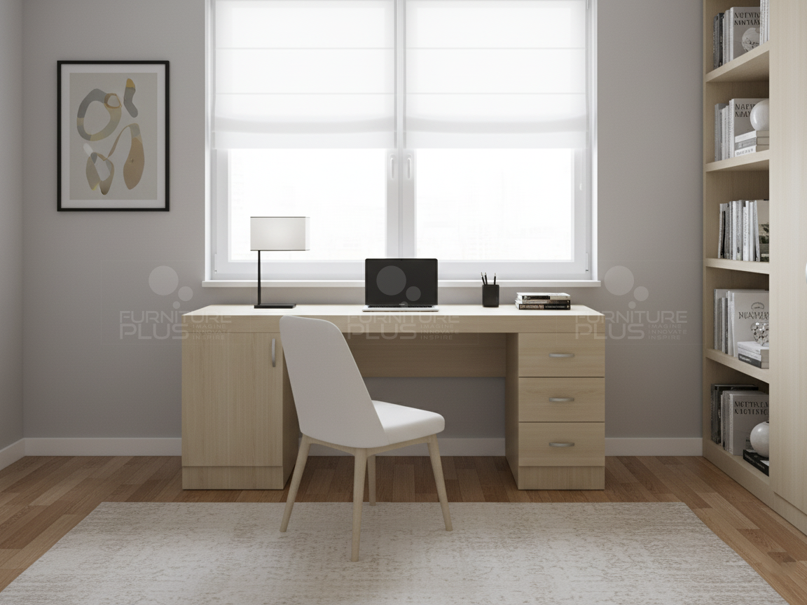 A staged home office setup featuring a Bettina Mahogany wood desk in white wash finish with a cabinet on the left and three drawers on the right. The desk faces a large window with white blinds and is topped with a laptop, lamp, and books. A simple white chair is pulled up to the desk, and a light-colored rug rests on the hardwood floor. A tall, matching bookshelf is partially visible on the right