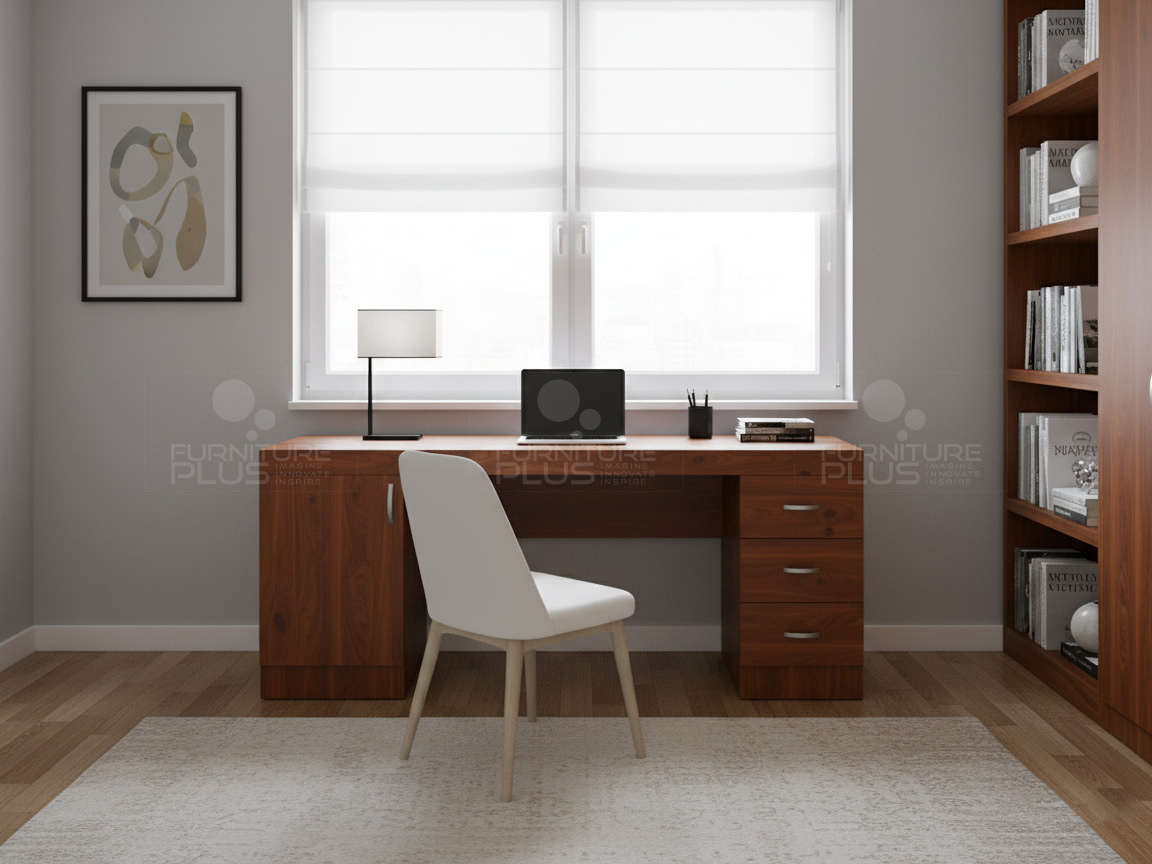 A staged home office setup featuring a Bettina Mahogany wood desk with a cabinet on the left and three drawers on the right. The desk faces a large window with white blinds and is topped with a laptop, lamp, and books. A simple white chair is pulled up to the desk, and a light-colored rug rests on the hardwood floor. A tall, matching bookshelf is partially visible on the right